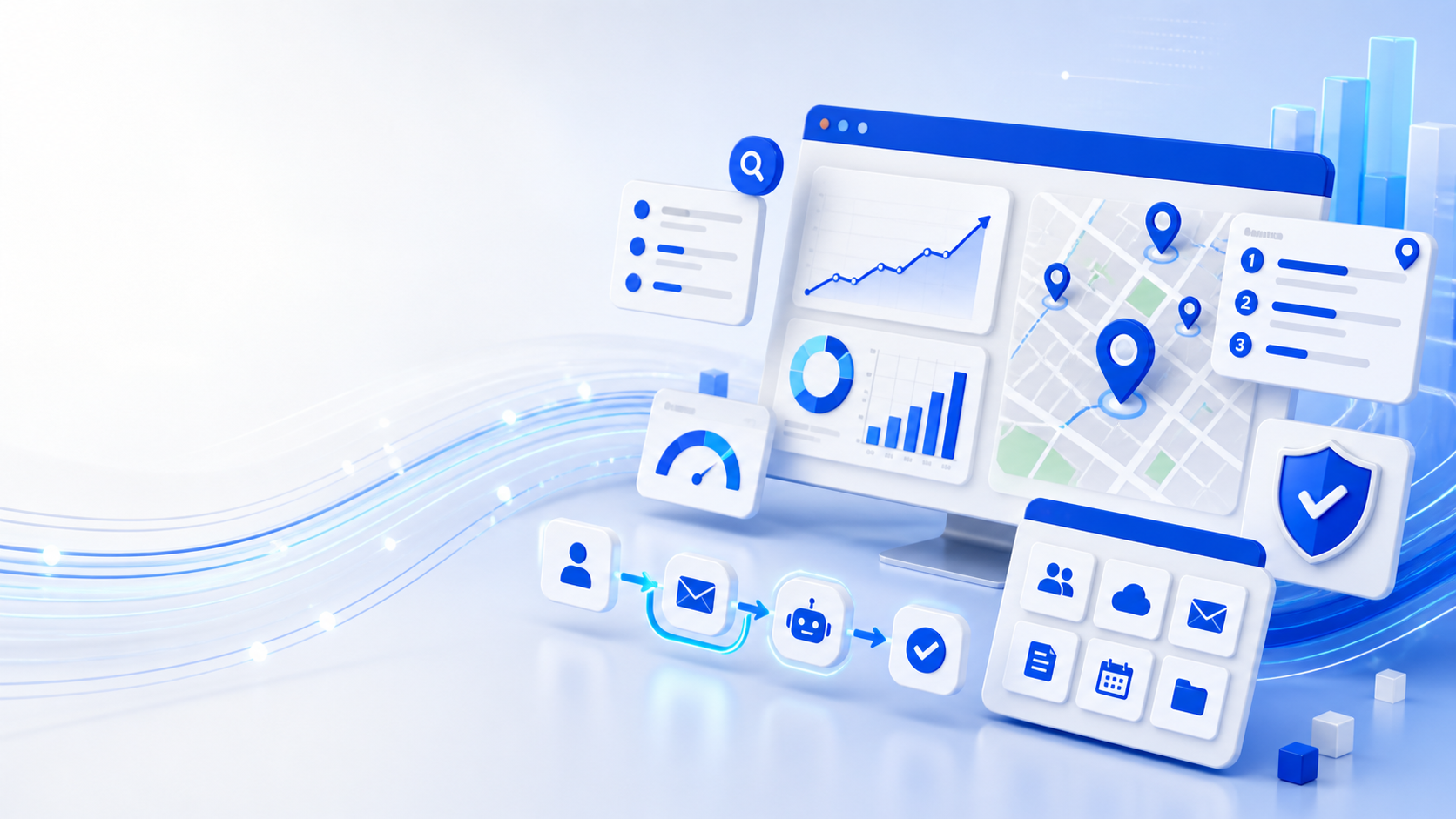 Abstract growth, local search, AI automation, and managed IT dashboard visual