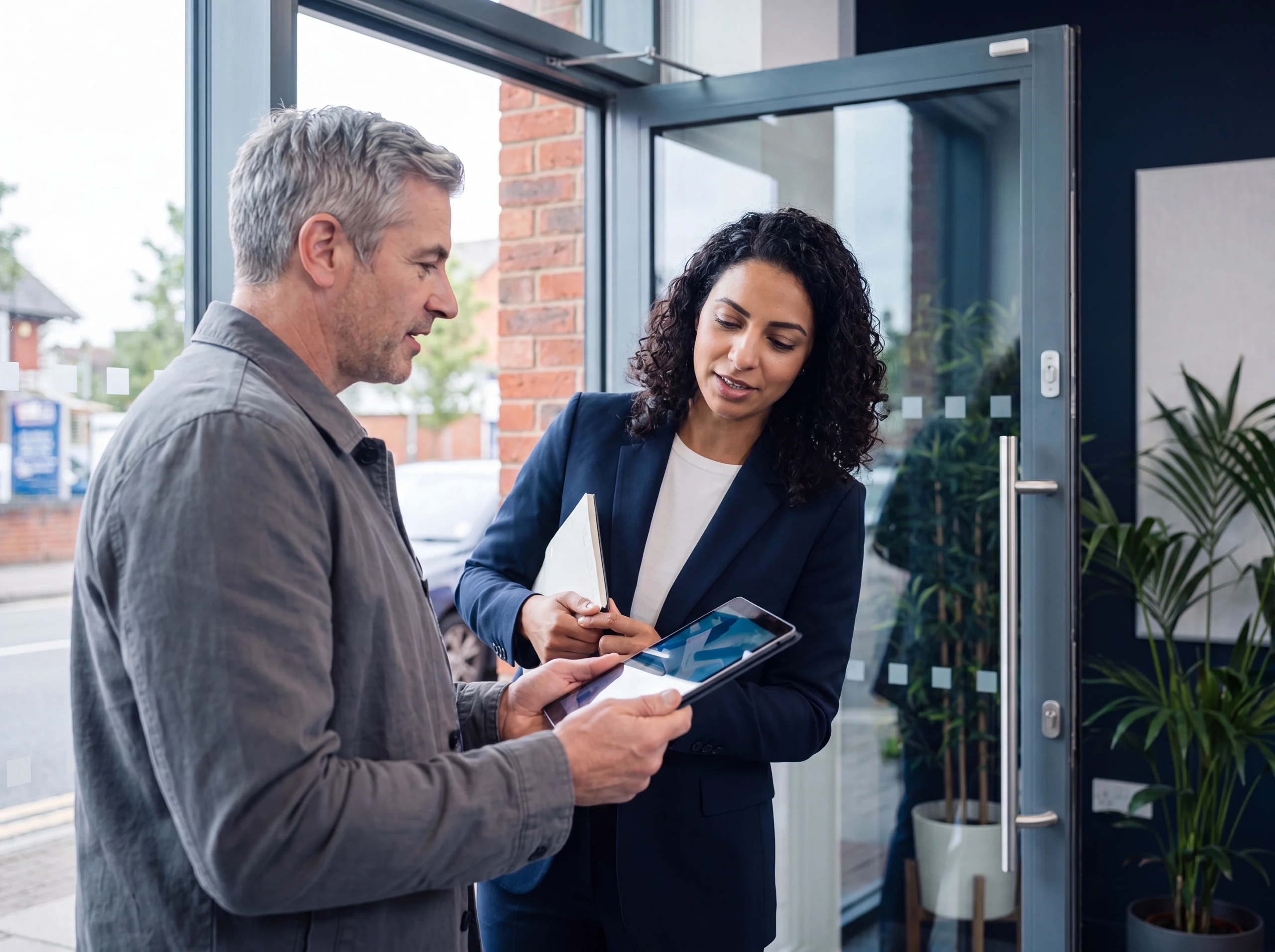 Consultant and business owner reviewing a tablet for Digital Marketing services
